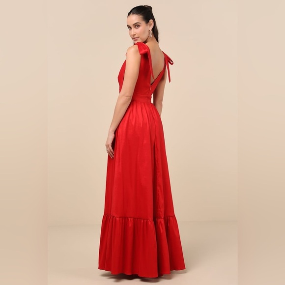 LULU’S Rare Charm Red Taffeta Tie-Strap Maxi Dress With Pockets - Picture 4 of 6
